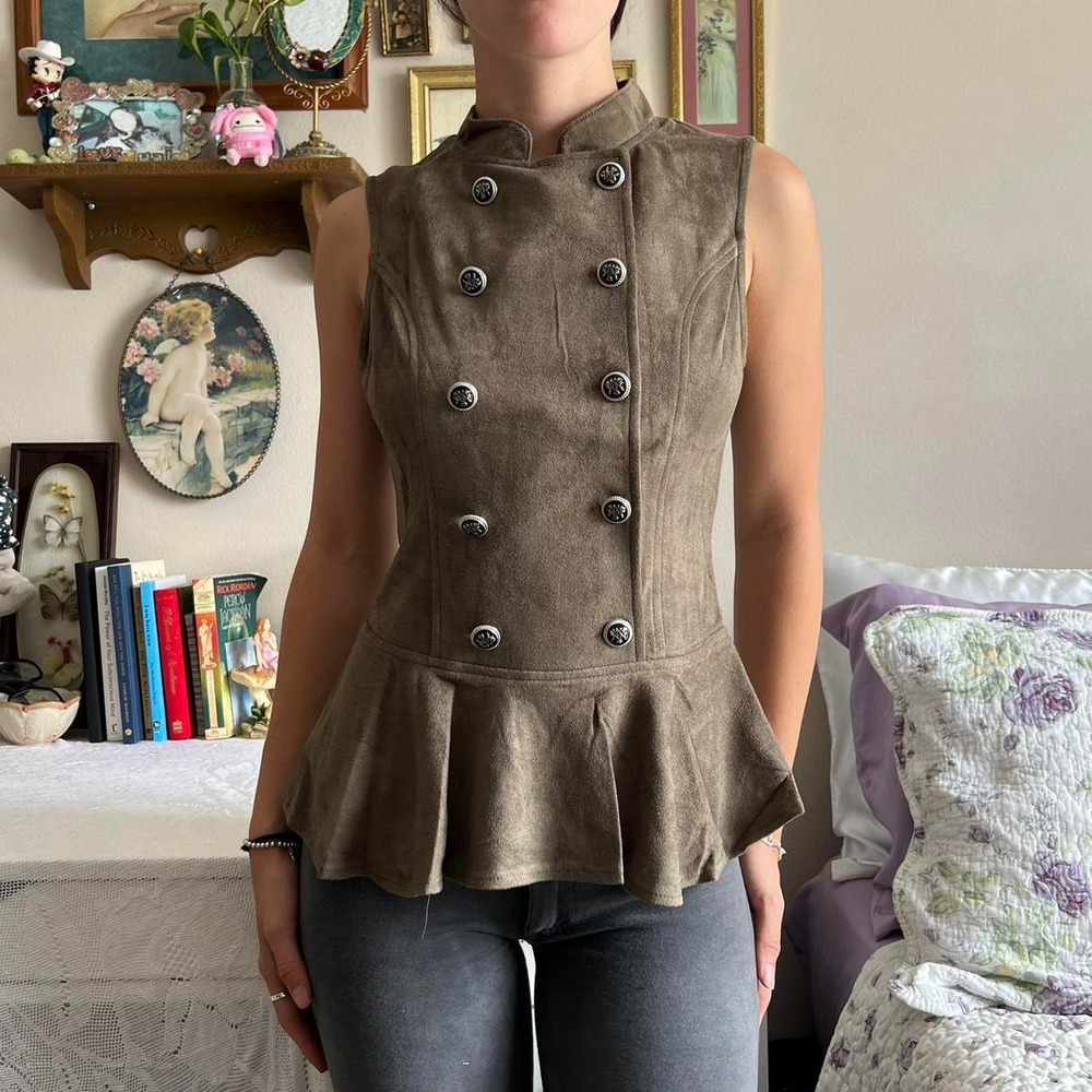 Lydia USA Brown Faux Suede Military Peplum Top Silver Buttons Sleeveless Small